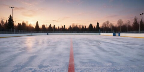Wide angle view of empty outdoor hockey rink at dawn, Hockey, Frozen