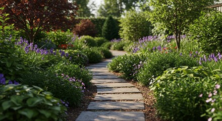 3D Illustration Garden Path with Purple and Green Flowers