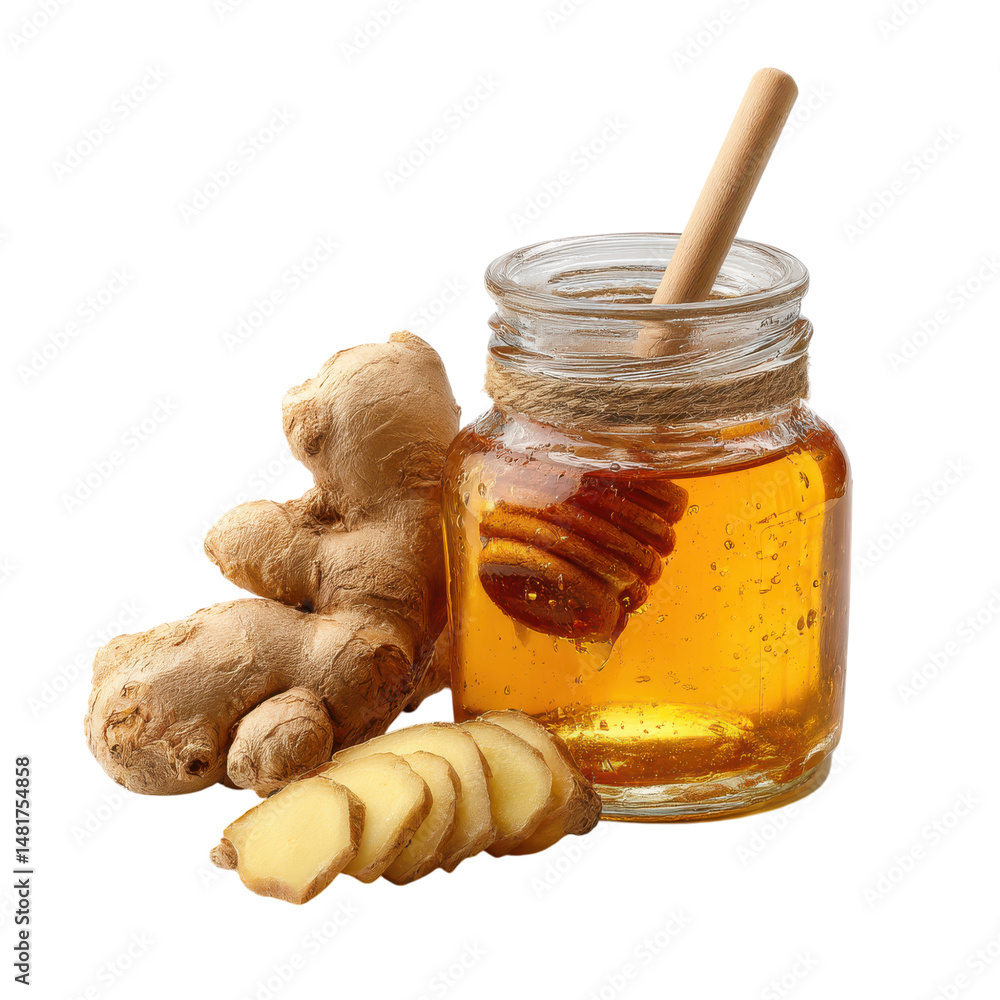 Poster fresh ginger root with honey jar and sliced pieces isolated on transparent or white background. a hi