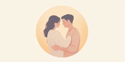 A soft, minimalist illustration capturing a loving couple gazing into each other’s eyes, evoking romance and connection in warm pastel tones. 