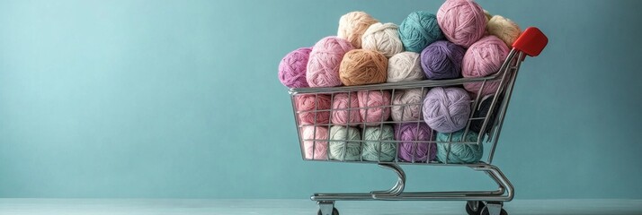 Colorful yarn balls in a shopping cart on a soft blue background: knitting crochet and crafting supplies for creative hobbies and textile projects 