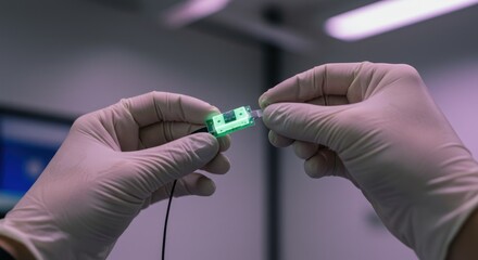 Gloved hands meticulously handling a glowing miniature electronic component during research