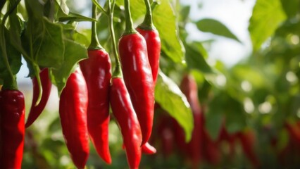 Vibrant CloseUp of Ripe Red Chili Peppers on Plant in Sunny Garden Setting