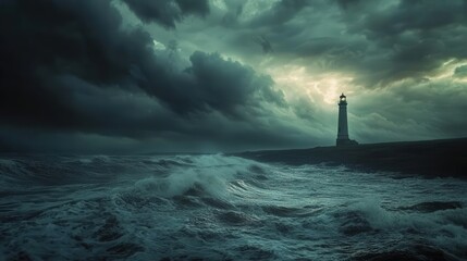 Fototapeta premium A lone lighthouse stands tall against stormy skies and rough seas, guiding sailors through dark, turbulent waters with its light.
