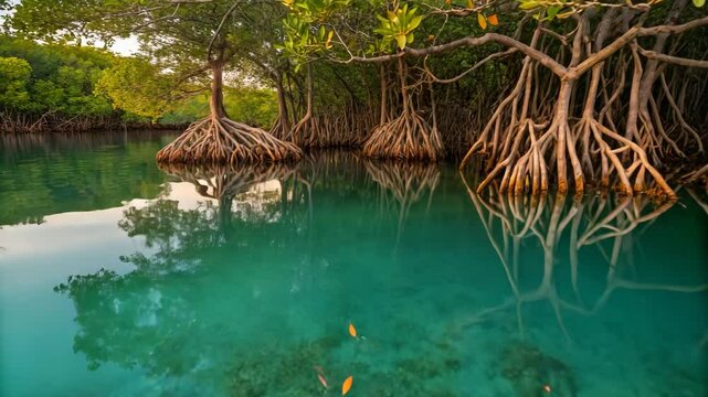 Serene Mangrove Estuary at Dawn Stunning tropical lagoon scene featuring crystal clear water teeming with fish and lush mangrove trees reflecting peacefully on the surface.