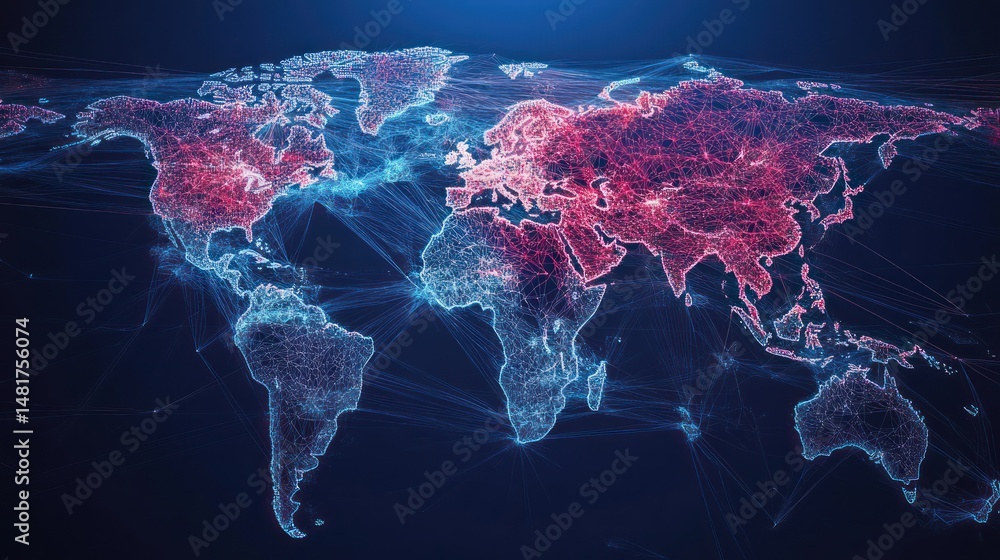 Poster global network concept with connection lines illuminating world continents