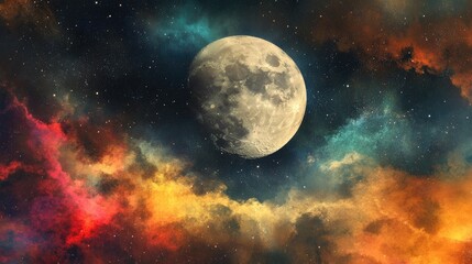 Obraz premium Full Moon In The Cosmos With Nebula Clouds. Space Scene Of Vibrant Colors And Stars.