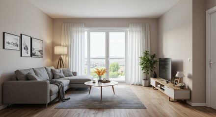 Fototapeta premium 3D Illustration Modern Cozy Living Room Interior with City View