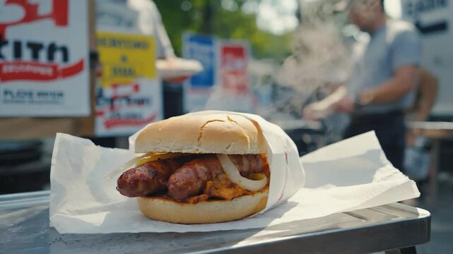 Delicious sausage sandwich on bun