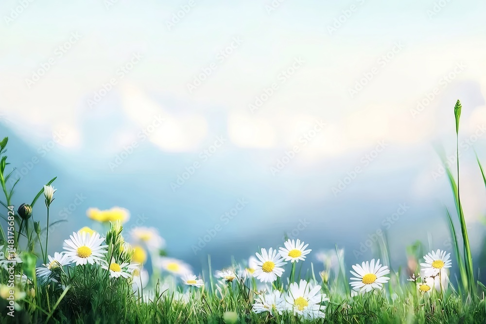 Aufkleber 緑の草の中で咲く白と黄色のデイジーの花のフィールド風景とぼやけた山と空の背景