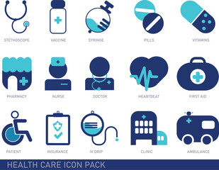 Healthcare flat vector icon set. vaccination, doctor, IV Drips, ambulance, and more. Perfect for medical apps, websites, infographics, and presentations.