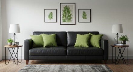 3D Illustration Modern Living Room With Sofa Plants and Botanical Prints