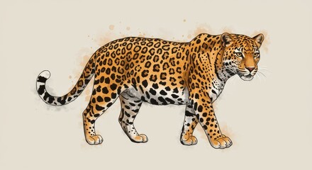 Illustration of Jaguar Walking on Beige Background