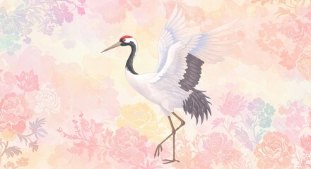 Fototapeta premium Illustration of Japanese Crane Bird with Pink Floral Background