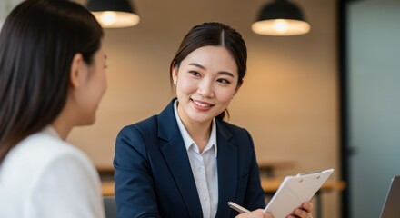 Smiling Asian Professional Discussing Business with Colleague in Modern Office