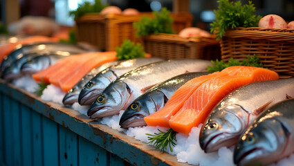 Fresh Catch of the Day, A Colorful Array of Salmon Fillets and Whole Fish Displayed on Ice, a Feast for the Eyes and the Palate, Market Scene