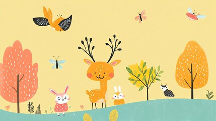 Obraz premium Playful forest creatures in a pastel landscape.
