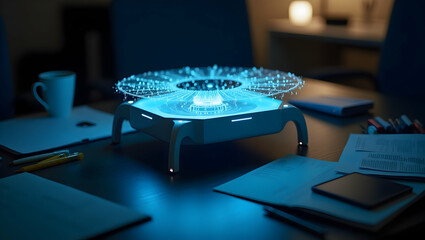 Futuristic AI Performance Monitor with Glowing Holographic Display on Desk, Showcasing Innovation and High Tech Advancement in Data Analysis