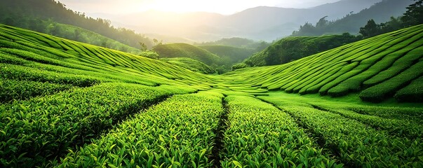 Sunrise over terraced tea plantation