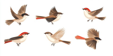 A vibrant set of various birds soaring and flying in multiple directions against a clean, white background that enhances their presence