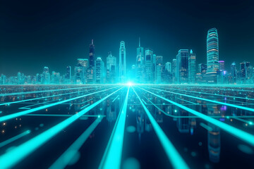 Futuristic digital cityscape with glowing neon lines leading to a vibrant horizon of illuminated skyscrapers, representing innovation and technological advancement