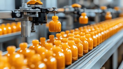 A line of orange bottles on a conveyor belt.