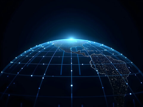 Futuristic Globe Visualization, A stylized representation of earth with vibrant electric blue grid lines, signifying global connectivity and technological advancement in data transmission