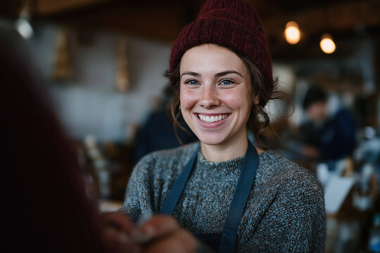 Smiling female barista serving coffee in cafe