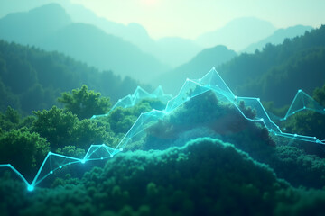 Futuristic Holographic Graph Overlaid on Forest Hills, A Vision of Data Analytics Intertwined with Natural Landscapes and Greenery, Connecting Technology and Environment