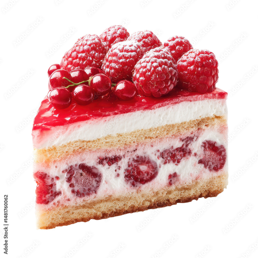 Poster delicious raspberry cream cake slice with berries isolated on transparent or white background. a hig
