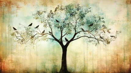 Stylized tree silhouette with nesting birds forest background and natural tones artwork depicting nature's beauty and serenity in a whimsical artistic style 