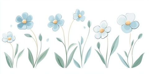 A beautiful row of vibrant blue flowers accompanied by lush green leaves set against a clean, white background that enhances their color
