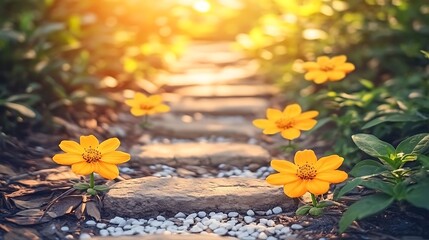 Sunlit garden path, flowers, peace