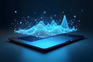 Futuristic Virtual Data Landscape Comprised of Glowing Blue Lines and Connection Points Displayed on a Laptop Screen for Data Analysis and Visualization