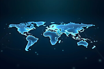 Futuristic World Network, A Glowing Blue Map Connecting Continents in a Globalized Digital Landscape, Representing Technology, Connectivity and Innovation