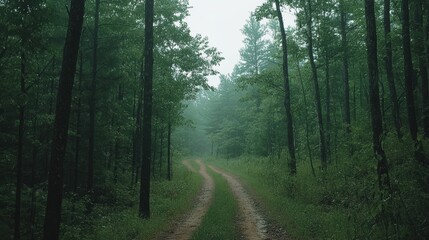 Fototapeta premium A dirt road winds through a dense forest.