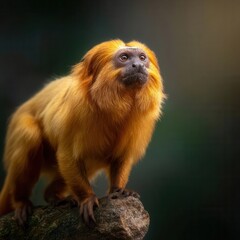 Obraz premium Golden lion tamarin primate portrait against dark background.