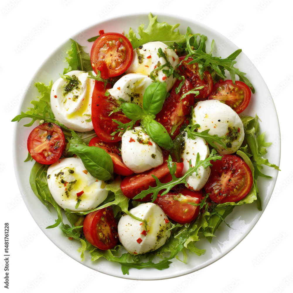 Poster fresh salad with tomatoes and mozzarella isolated on transparent or white background. a high resolut
