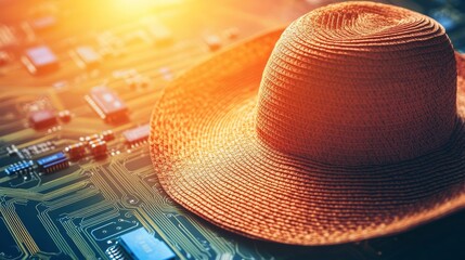Sun hat on tech: summer vacation meets technology background 