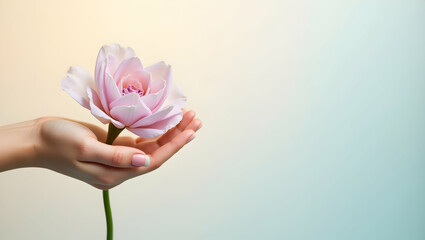 Gentle touch, Pale hand delicately cradles a blooming pink flower, conveying serenity, beauty and the nurturing essence of nature in a harmonious composition