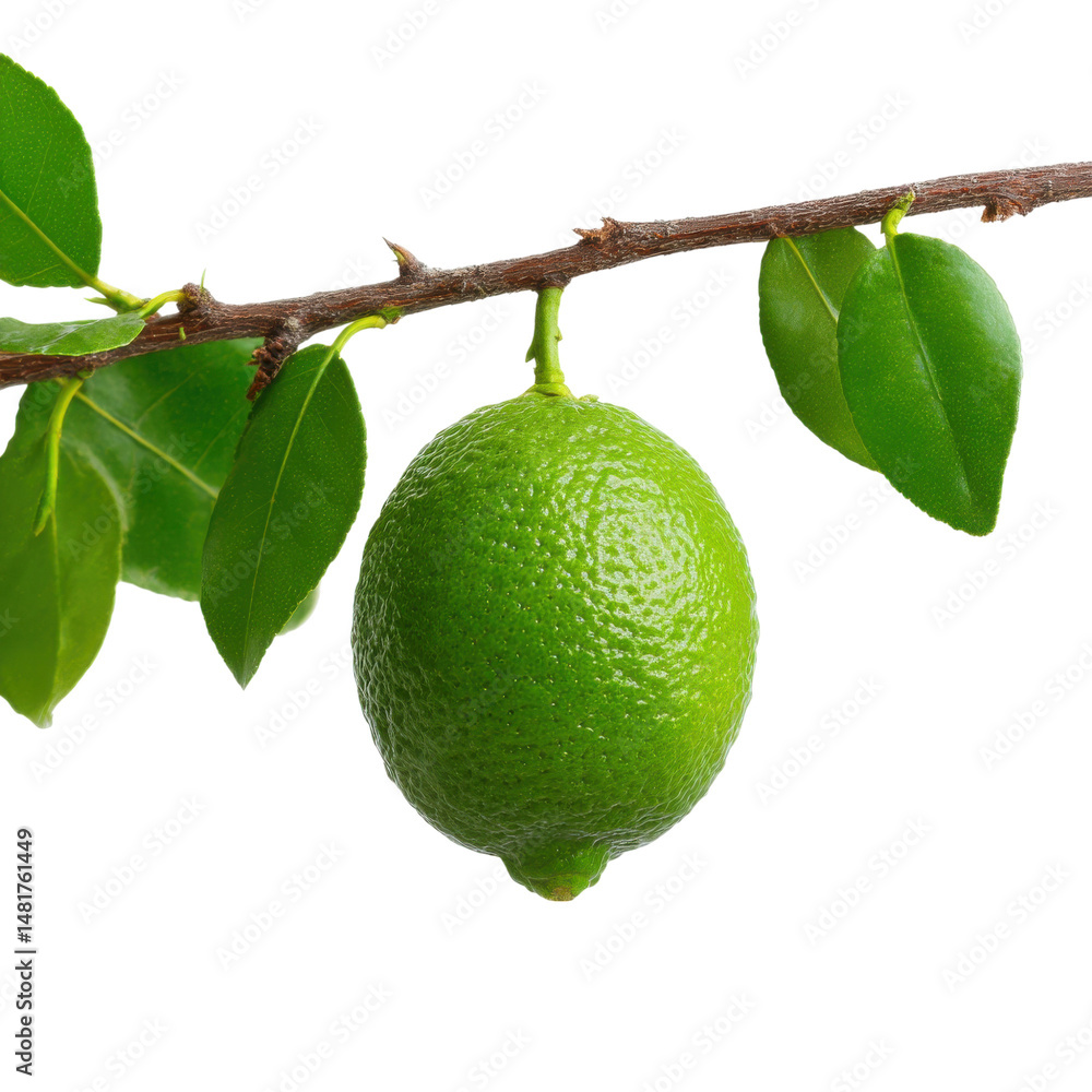 Poster fresh green lime hanging on a tree branch isolated on transparent or white background. a high resolu