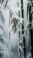 Snow covered bamboo stalks and leaves in winter