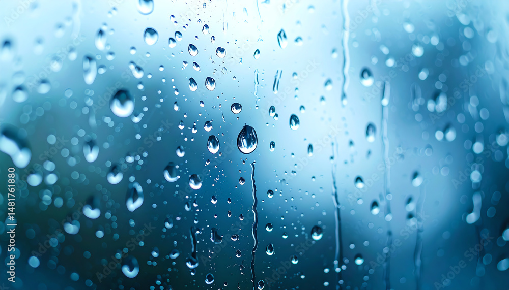 Poster raindrops on a foggy window create a serene, cool atmosphere, enhancing the sense of tranquility and