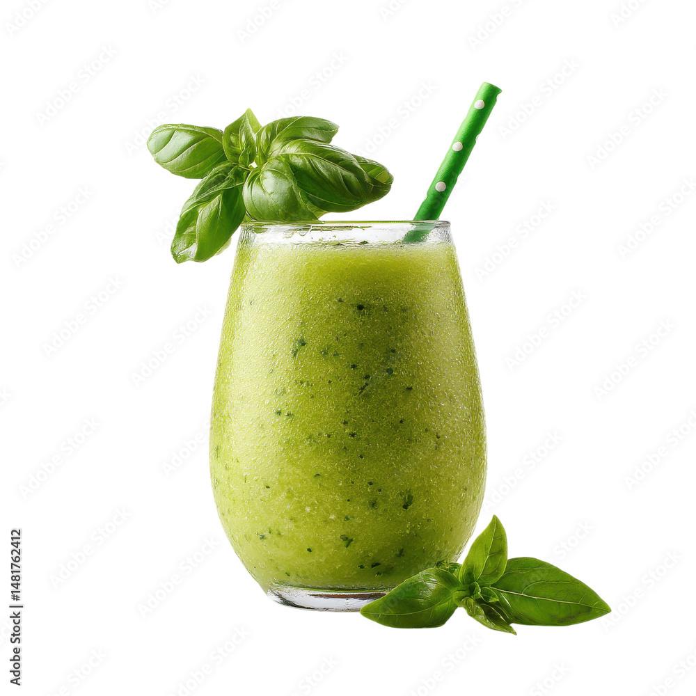 Poster refreshing green smoothie with basil and straw isolated on transparent or white background. a high r