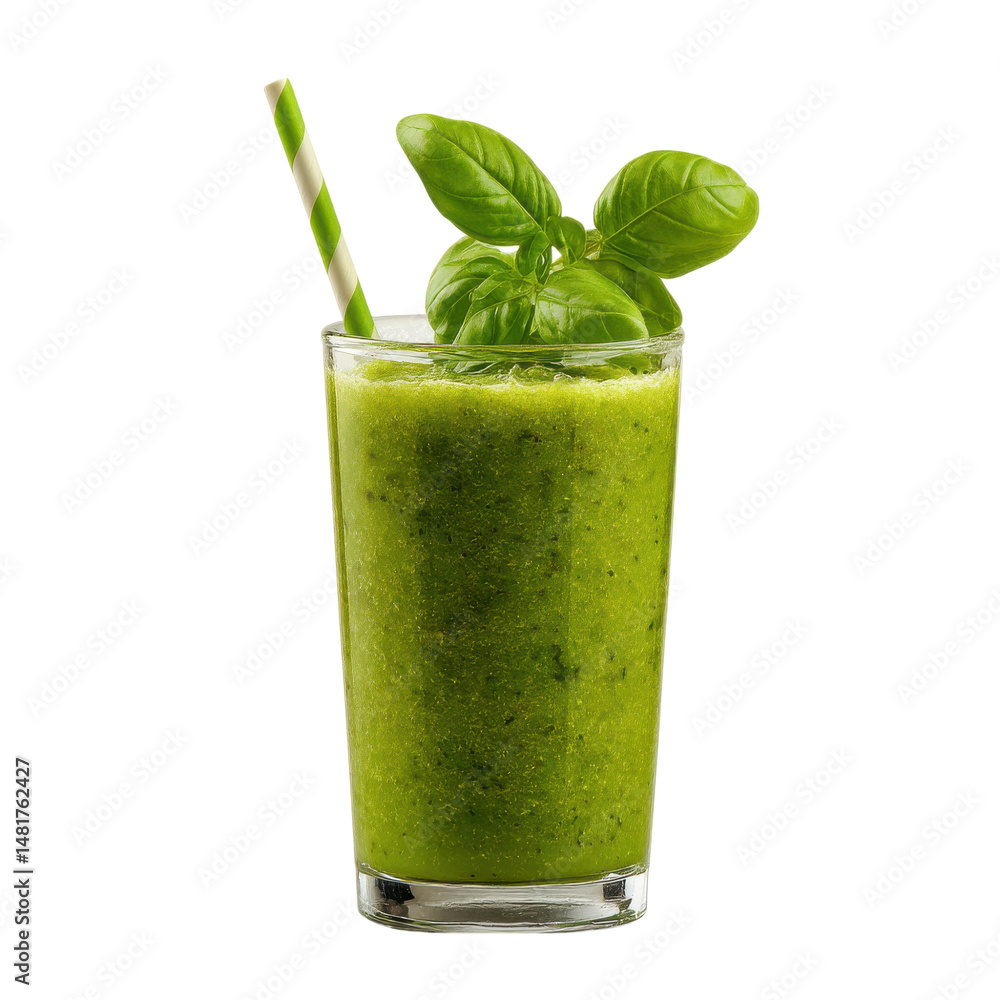 Poster refreshing green smoothie with basil and straw isolated on transparent or white background. a high r