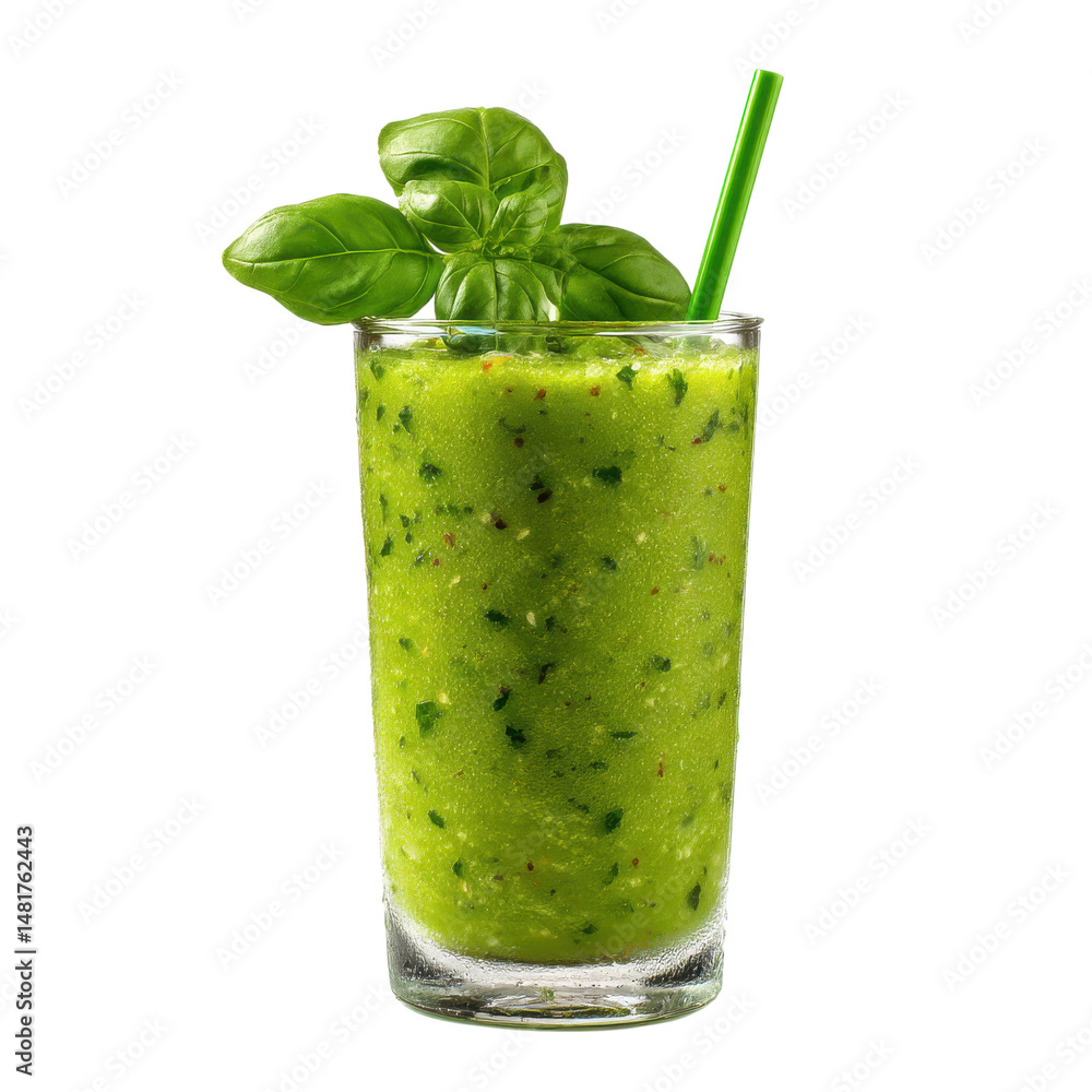 Poster refreshing green smoothie with basil and straw isolated on transparent or white background. a high r