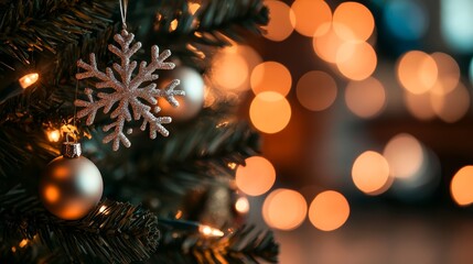 A beautiful silver snowflake Christmas tree topper glistens under warm lights, nestled among blurred pine branches and ornaments, creating a festive atmosphere