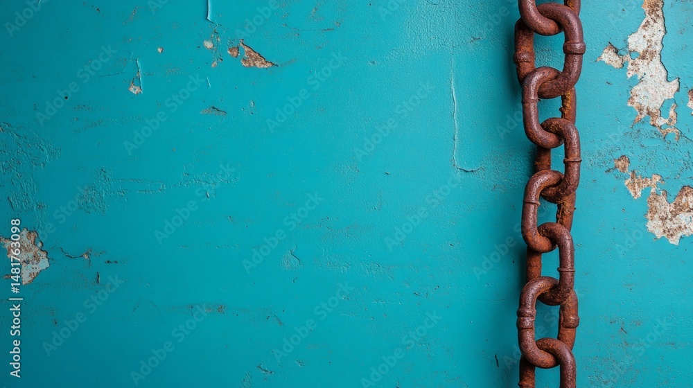 Aufkleber close-up shot features a corroded chain hanging against a distressed turquoise wall, with chipped pa