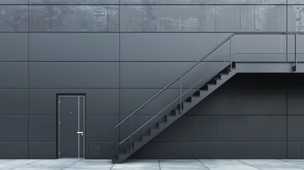 Obraz premium Exterior fire escape against a dark gray wall. A simple metal staircase leads upwards against a modern building facade. A matching dark door is visible