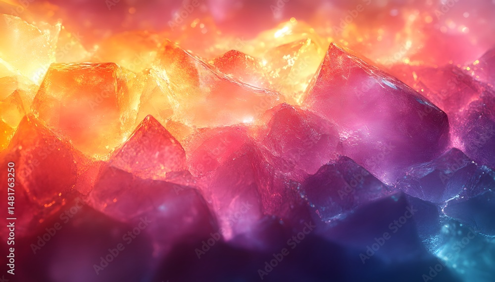 Poster colorful abstract crystal cluster background with sharp geometric forms in a dreamy style